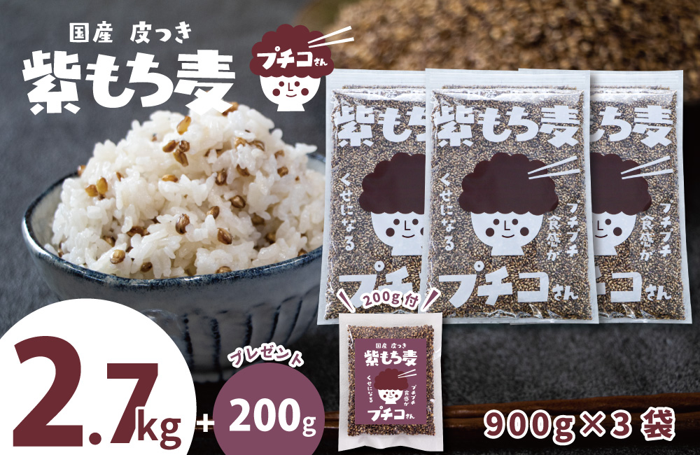 国産 皮つきもち麦 「 国産紫もち麦 2.7kg（900g×3袋）+200gプレゼント
